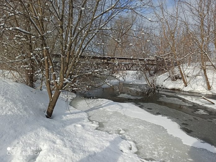 Толщина льда на реке Пахре 9 марта