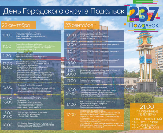 Программа празднования 237-летия основания Подольска и образования Подольского уезда