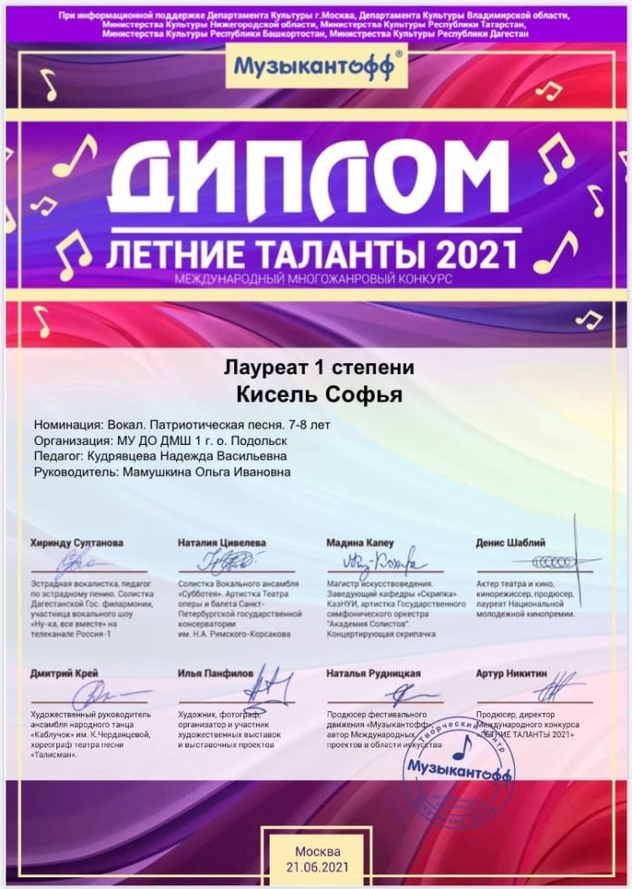 Юная подольчанка стала лауреатом I степени международного конкурса «Летние таланты 2021» Юная подольчанка стала лауреатом I степени международного конкурса «Летние таланты 2021»