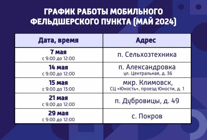 График работы в мае мобильного ФАПа в Подольске График работы в мае мобильного ФАПа в Подольске