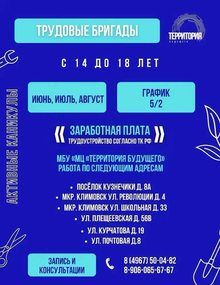 МЦ «Территория будущего» приглашает подольских подростков на работу в летние трудовые бригады