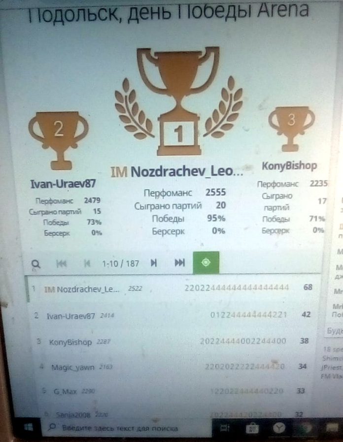 Первое место на онлайн-турнире по шахматам среди взрослых завоевал подольчанин